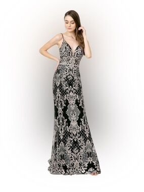 GLS Collective Black Maxi Gown with Silver Lace Overlay